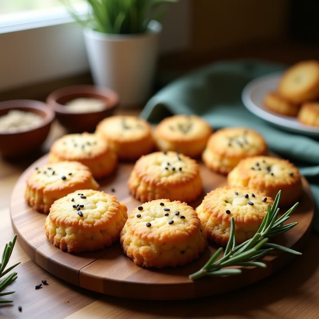 Galletas doradas y crujientes de polvo de huesos de aceituna y romero, dispuestas en una bandeja rústica de madera con hojas de romero fresco y semillas de sésamo visibles, snack keto rico en calcio.