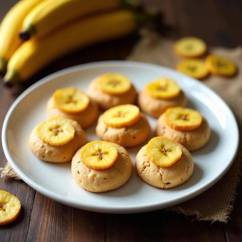 Galletas redondas de color beige claro con chips dorados de plátano macho en la superficie, dispuestas en un plato de cerámica blanca sobre fondo rústico de madera. Receta de galletas de proteína de guisante con plátano macho keto sin horno.