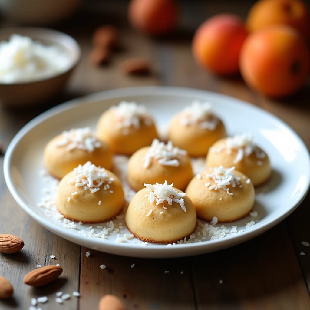Galletas redondas de color beige claro con coco rallado por encima, dispuestas en un plato blanco sobre fondo rústico. Postre sin azúcar y sin horno de proteína de guisante y puré de albaricoque.