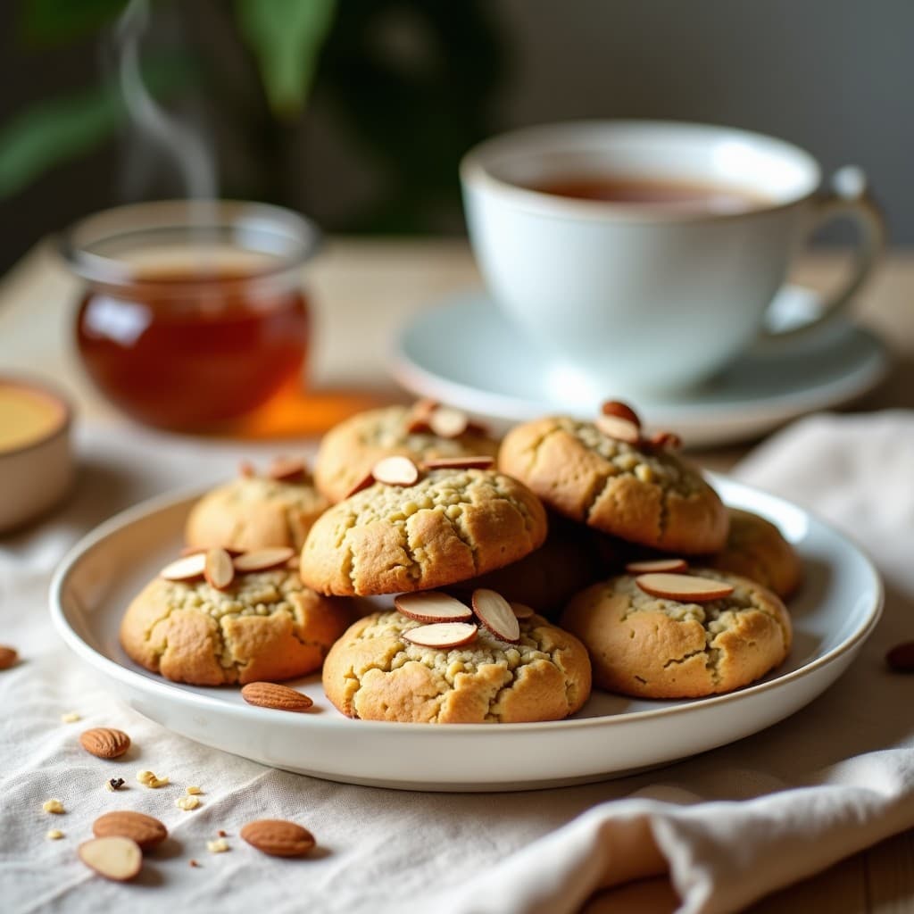 Bandeja de madera con galletas doradas de quinua y semillas de chía, espolvoreadas con coco rallado, sobre un fondo rústico. Receta de desayuno energético sin harina.