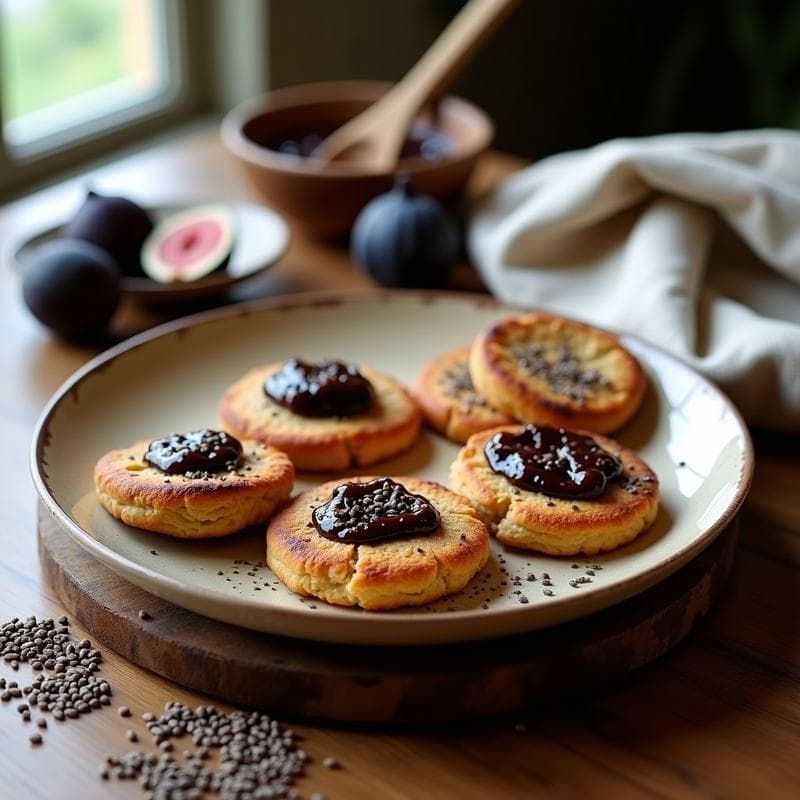 Galletes doradas de avena y semillas de lino dispuestas en una bandeja rústica de madera, rellenas con mermelada de higo negro brillante y decoradas con semillas de chía, desayuno sin azúcar y saludable.