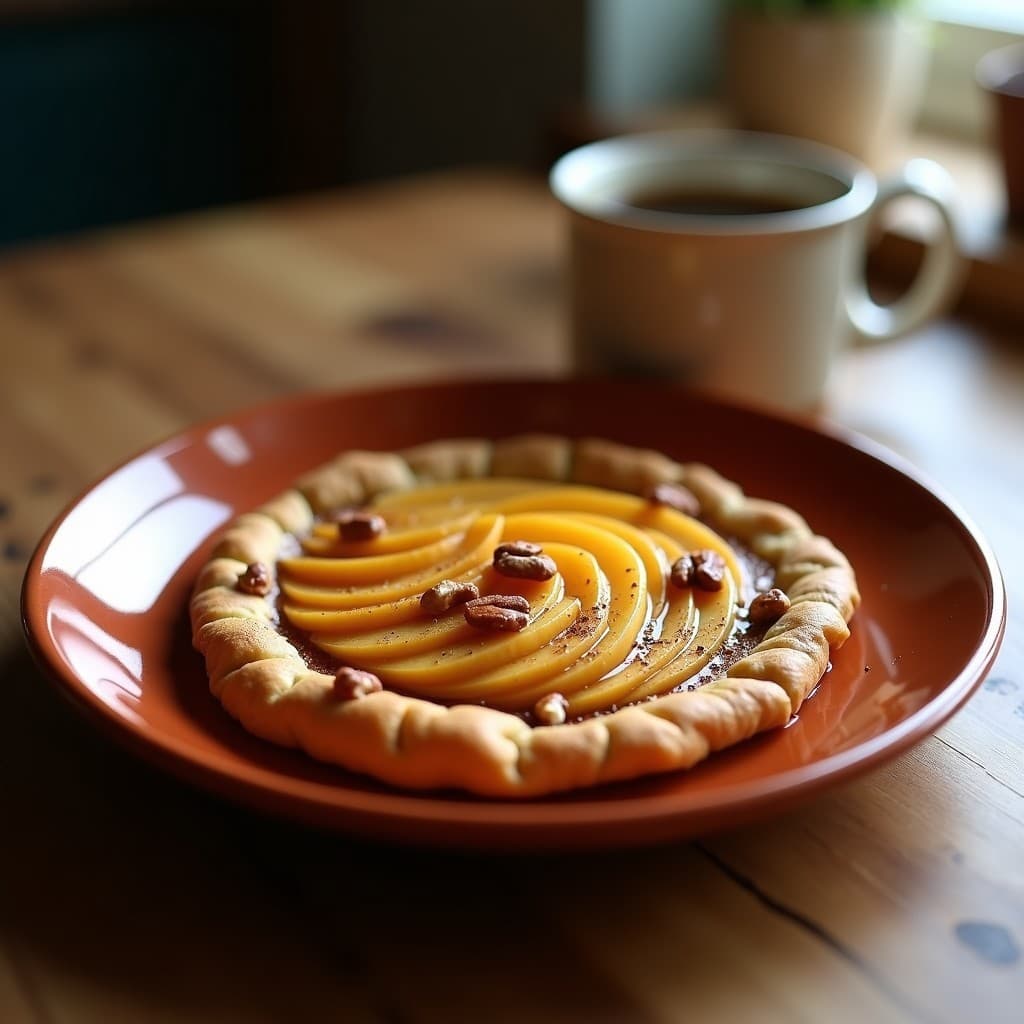 Gallette bretonne dorada de buckwheat servida en plato de barro rústico, cubierta con láminas de manzana caramelizada brillante y un toque de nueces pecanas tostadas. Fondo desenfocado con texturas de madera y luz natural.