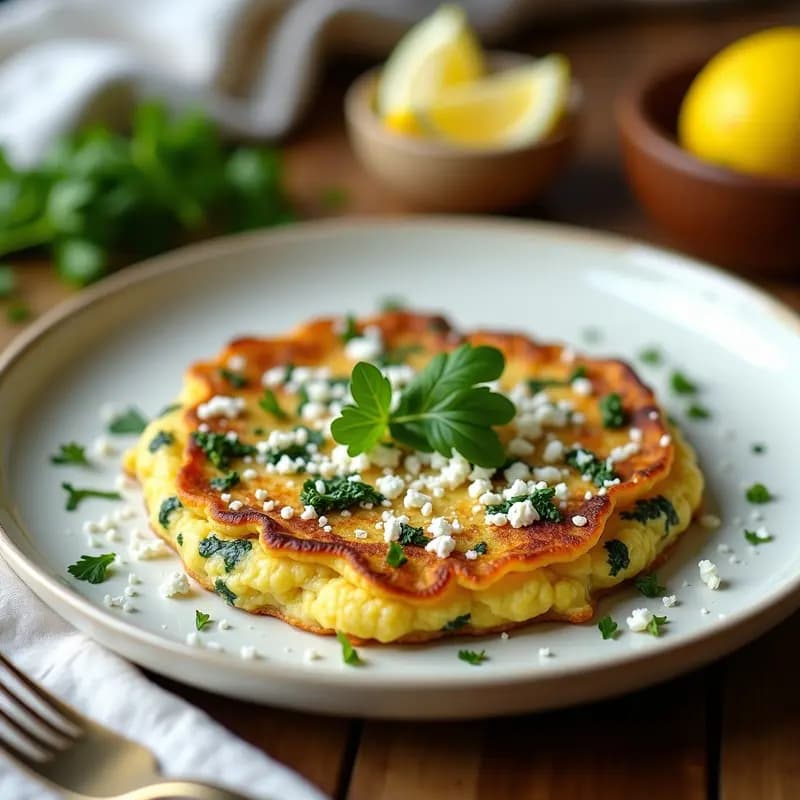 Gallette dorada de quinoa con espinacas y queso de soja sobre plato de cerámica blanca, con semillas de sésamo por encima y fondo rústico de madera. Receta vegana francesa sin horno.