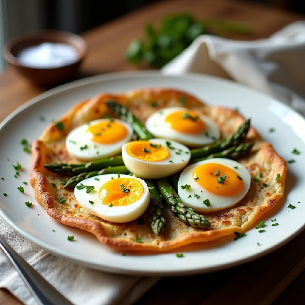 Gallette de sarrasin dorada y crujiente rellena de huevos de codorniz con yemas líquidas y espárragos blancos salteados, servida en plato rústico con perejil fresco. Receta francesa sin gluten en sartén.