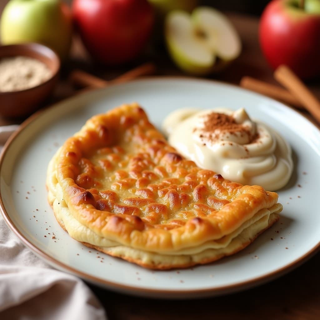 Gallette de Sarrassin dorada y crujiente acompañada de una crema sedosa de manzana y canela, servida en plato rústico de cerámica con detalles de especias espolvoreadas.
