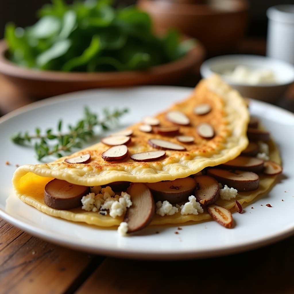 Gallette de sarrassin dorada y crujiente rellena de ebly, champiñones portobello salteados y queso de cabra, con almendras tostadas por encima. Plato típico francés sin gluten servido en un plato de cerámica rústica.