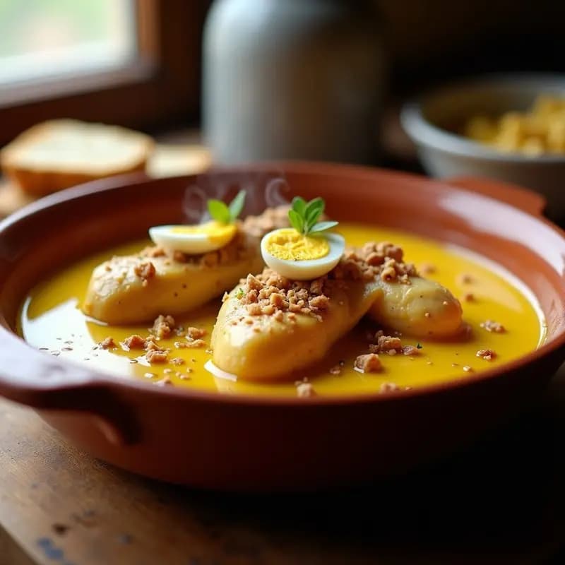 Plato hondo de barro con gallina en pepitoria, trozos de gallina dorada bañados en una salsa espesa de color amarillo dorado con almendras tostadas y huevo duro picado, servida con pan rústico al lado.