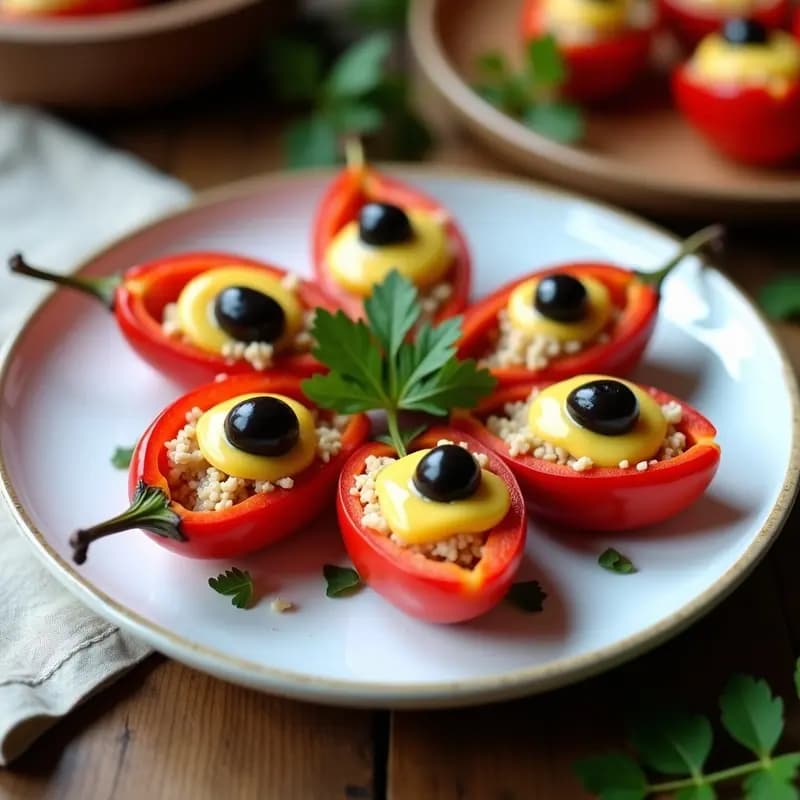 Plato blanco con seis gallitos de pimientos del piquillo rellenos de atún, decorados con aceitunas negras y perejil fresco, sobre fondo rústico de madera.