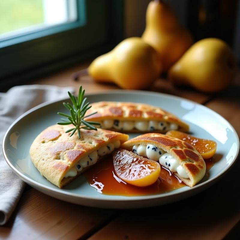 Plato rústico con galloces de espelta dorados abiertos por la mitad, rellenos de crema de queso azul cremosa y acompañados de peras caramelizadas en salsa de vino tinto. Receta española vintage en Thermomix.