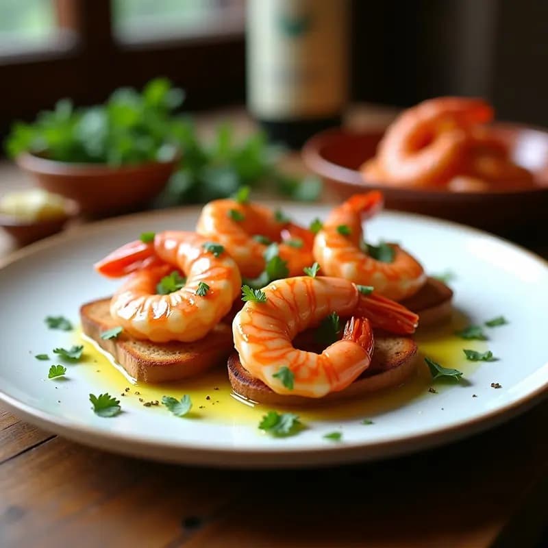 Plato blanco con gambas al ajo negro brillantes sobre rebanadas de pan toast dorado, decorado con perejil fresco y un hilo de aceite de oliva virgen extra.