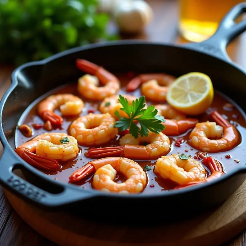 Sartén de hierro con gambas rosadas bañadas en salsa espesa de mojo de ajo y cerveza negra, decoradas con perejil fresco y rodajas de limón, receta española tradicional.