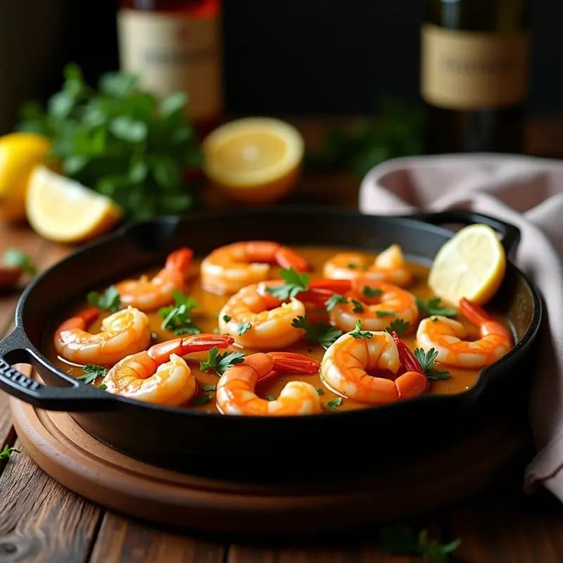 Sartén de hierro con gambas al mojo de ajo y pimentón, bañadas en una salsa dorada de ajo y aceite de oliva, decoradas con perejil fresco y rodajas de limón.