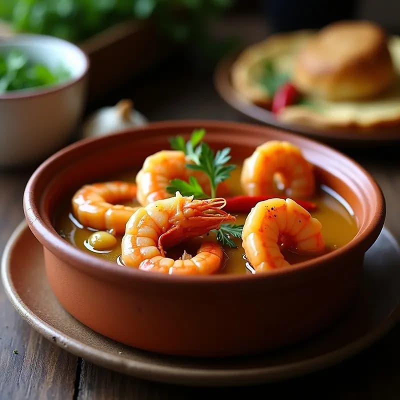 Cazuela de barro humeante con gambas al pil pil bañadas en una salsa cremosa dorada, ajo y guindilla, sobre fondo rústico de madera.