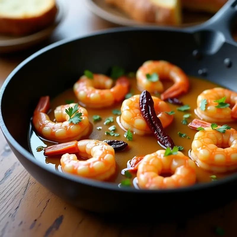 Sartén antiadherente con gambas al pil pil bañadas en salsa cremosa de color dorado, ajo negro troceado y guindilla, decoradas con perejil fresco. Plato típico vasco fácil de preparar en casa.
