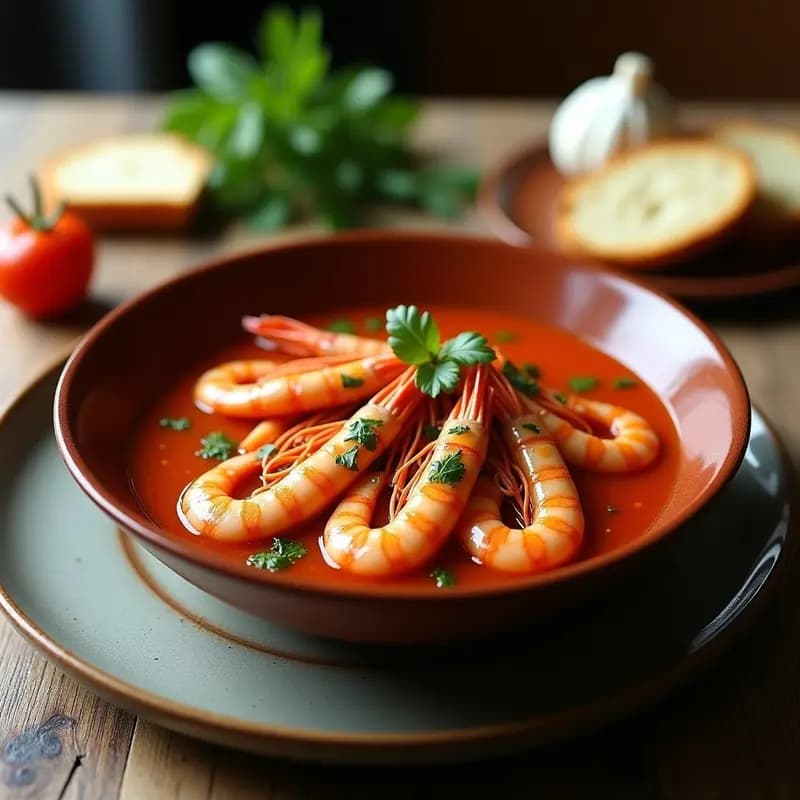 Cazuela de barro con Gamberi alla Busara, camarones rojos en salsa espesa de tomate y ajo, espolvoreados con perejil fresco, acompañados de rebanadas de pan tostado sobre fondo rústico de madera oscura.