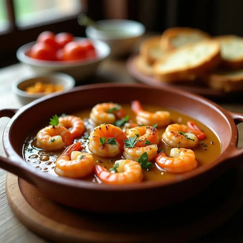 Cazuela de barro humeante con gamboas al ajillo con ñora, acompañadas de rebanadas de pan tostado. Las gambas brillantes y rosadas nadan en un aceite dorado con trocitos de ajo, pimentón y perejil fresco espolvoreado. Tapa catalana picante y aromática.