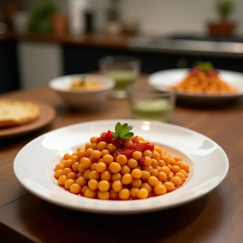 Olla de barro humeante con garbanzos con morcilla y pimentón, receta tradicional de Madrid, servida en plato hondo de cerámica blanca con rodajas de pan rústico al lado.