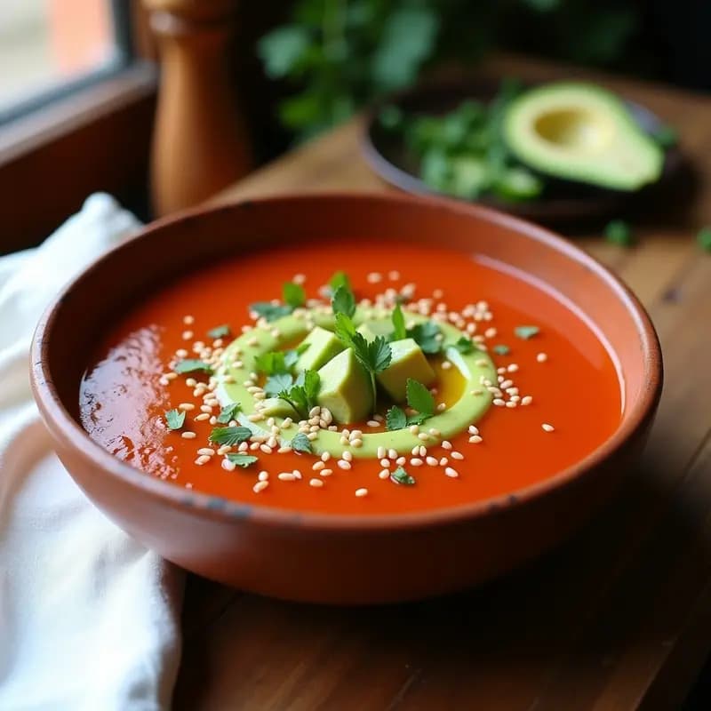 Cuenco de gaspacho andaluz frío con crema de aguacate verde en el centro, decorado con semillas de sésamo y trozos de pepino y pimiento, servido en un plato rústico de barro.