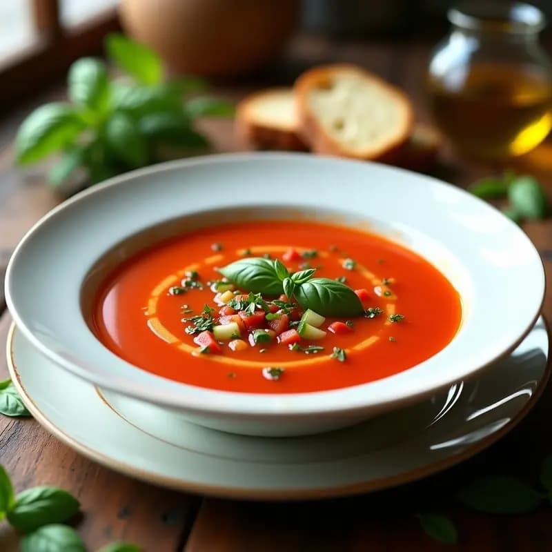 Cuenco de cerámica blanca lleno de gaspacho andaluz, crema fría de tomate de color rojo intenso, decorado con trozos de pepino, pimiento verde y cebolla morada. Chorrito de aceite de oliva virgen extra en espiral sobre la superficie. Fondo de mesa de madera rústica con hierbas frescas y pan tostado.