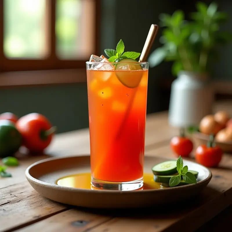 Vaso alto de cristal con gaspacho andaluz helado, decorado con trocitos de pepino, pimiento y un chorrito de aceite de oliva virgen extra sobre fondo rústico de madera.