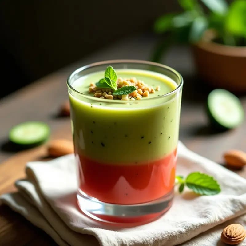 Vaso de cristal alto lleno de gaspacho andaluz con pepino y almendras, decorado con trocitos de pepino, pimiento y almendras picadas, servido sobre una mesa rústica de madera con un fondo de luz natural.
