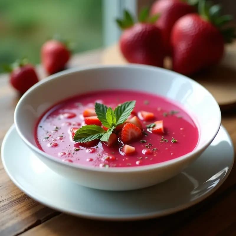 Cuenco blanco con gaspacho de remolacha y fresas, decorado con trozos de fresa y hojas de menta, servido en una mesa rústica de madera con fondo de verano soleado.