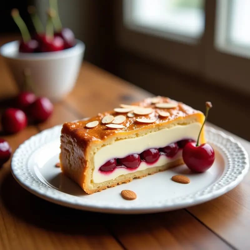 Gâteau Basco sin lactosa cortado en porción, mostrando capas de masa dorada de almendra, crema pastry suave y cerezas rojas jugosas. Decorado con almendras fileteadas tostadas sobre un plato blanco rústico, con luz natural que resalta su textura esponjosa y crujiente.