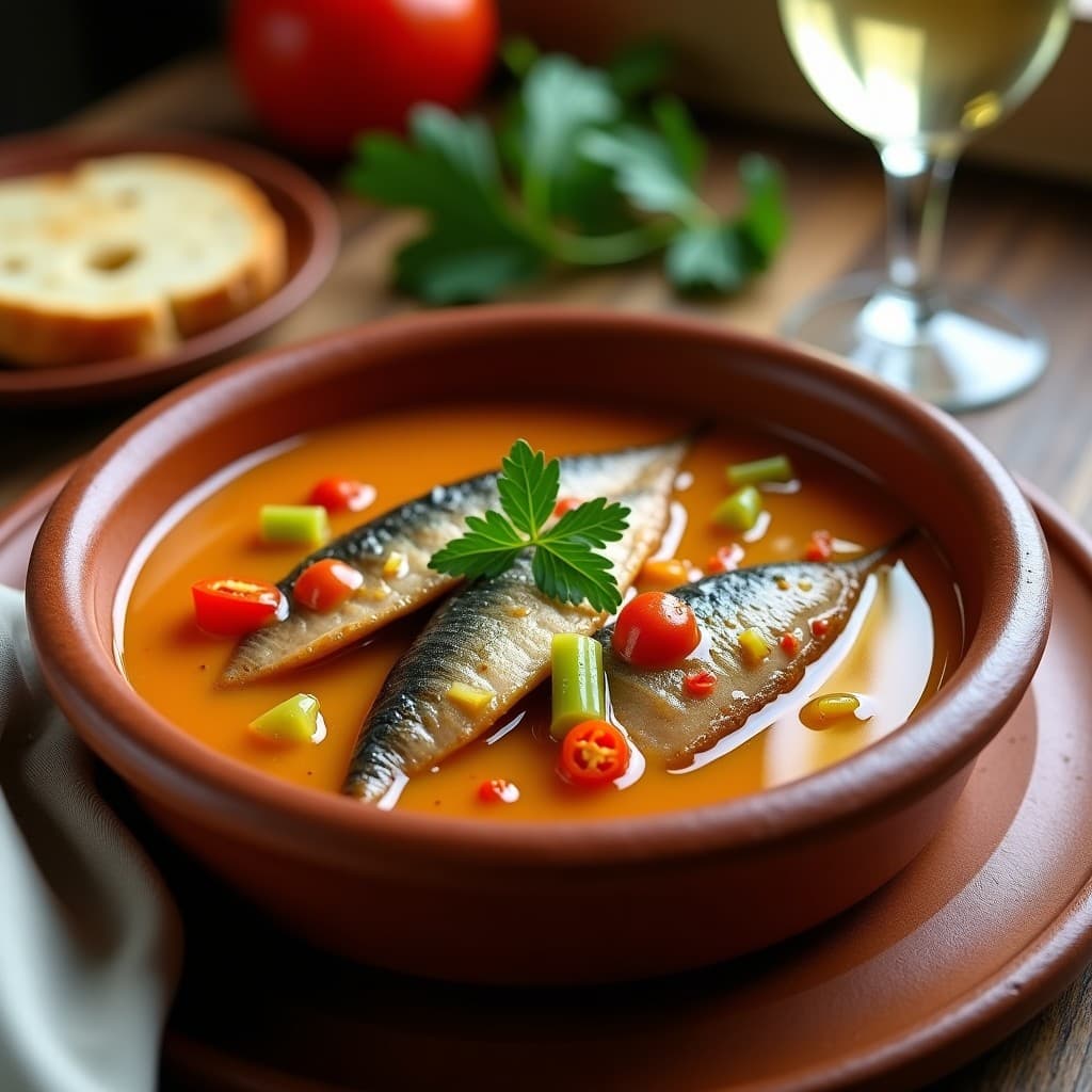 Cazuela de barro con gazpacho de sardinas encurtidas andaluz, filetes de sardina en salsa espesa con trozos de pimiento, cebolla y apio, decorado con perejil fresco.