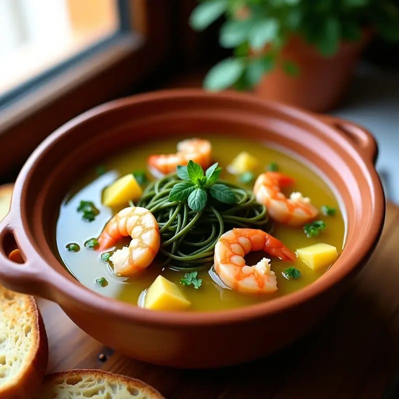 Plato hondo de barro con gazardillo de algas y gambas, sopa costera andaluza tradicional, con algas espagueti de mar, gambas rosadas y trozos de patata, decorado con perejil fresco y un chorrito de aceite de oliva.