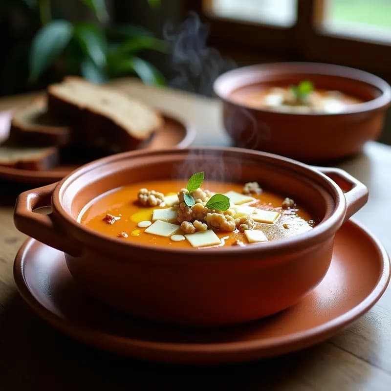 Cazuela de barro humeante con gazpacho asturiano espeso, trozos de queso cabrales fundido, nueces picadas y un hilo de aceite de oliva virgen extra sobre la superficie.