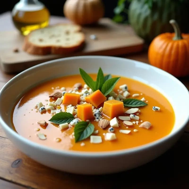 Cuenco de cerámica blanca con gazpacho de calabaza asada y queso azul, decorado con cubos de calabaza dorada, migas de queso azul, almendras tostadas y hojas de menta. Fondo rústico con pan de pueblo y aceite de oliva.
