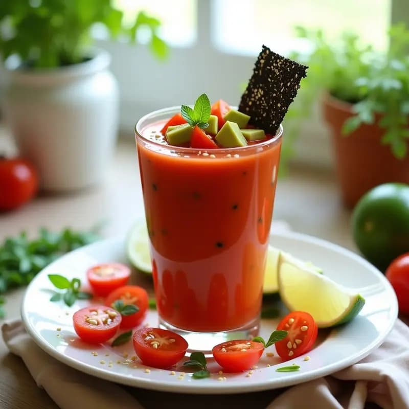Vaso alto transparente con gazpacho de pico de gallo color rojo intenso, decorado con cubos de aguacate verde, jitomates cherry rojos y tiras de algas nori crujientes negras. Semillas de sésamo espolvoreadas y rodaja de limón al lado. Fondo claro y natural.