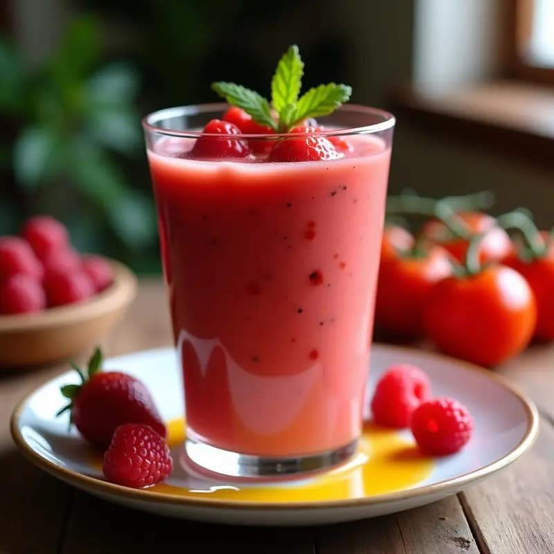 Vaso de cristal transparente lleno de gazpacho granadino con frutos rojos, decorado con trozos de fresas y frambuesas, con un hilo de aceite de oliva en la superficie.