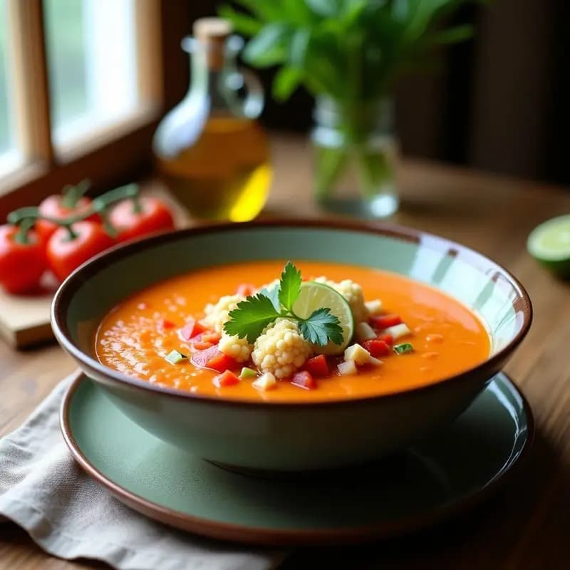 Cuenco de gazpacho vegano de pico de gallo con trozos de coliflor asada y tofu sedoso, decorado con cilantro fresco y rodajas de lima.