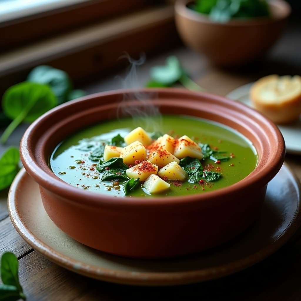 Cazuela de barro humeante con gazpacho vasco de espinacas y bacalao, servido con huevo duro picado y aceite de oliva, sobre fondo rústico de madera.