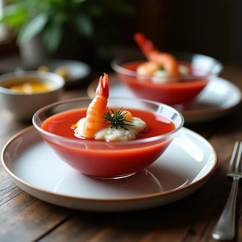 Copas transparentes con gazpacho vasco frío de color rojo intenso, coronado por una espuma aireada de marisco y algas, decorado con gambas y un hilo de aceite de oliva virgen extra.