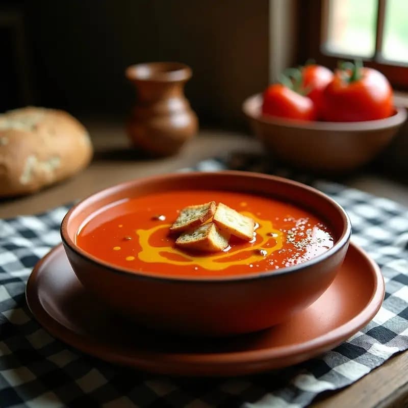 Cuenco de barro rústico con gazocho extremeño, sopa fría de tomate, pan y aceite, decorado con trocitos de pan tostado y un chorro de aceite de oliva virgen extra, sobre una mesa de madera con fondo de cocina tradicional.
