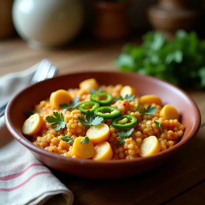 Plato hondo de barro con gazolea andaluza de atún y pimientos: revuelto de huevo con trozos de pan duro, atún desmenuzado y pimientos verdes, espolvoreado con perejil fresco y un toque de pimentón.