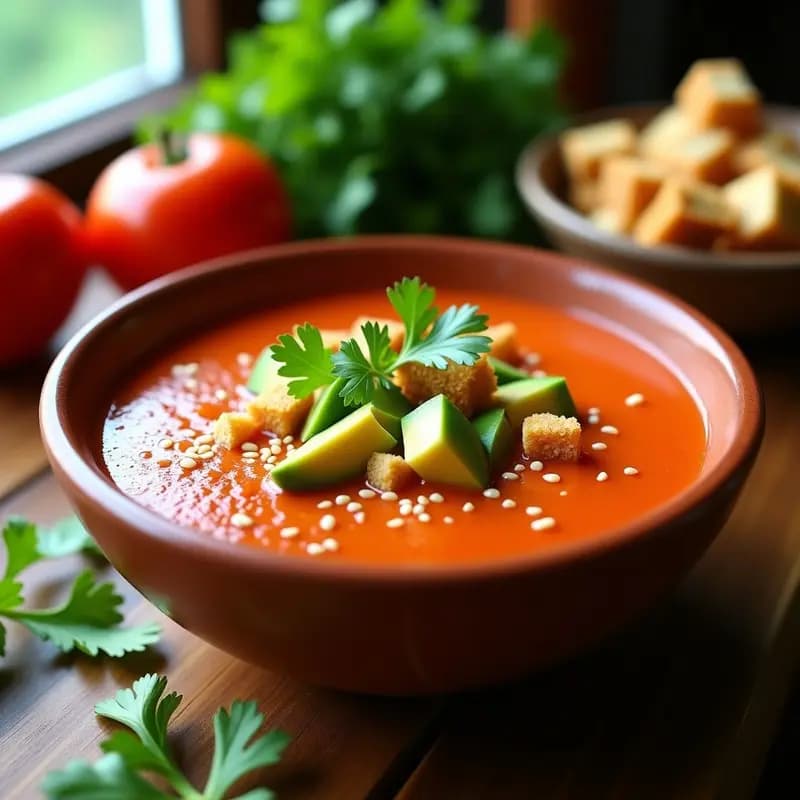 Gazpacho andaluz cremoso en cuenco de barro con trozos de aguacate verde, crutones de centeno dorados y hojas de cilantro fresco, servido frío con un hilo de aceite de oliva.