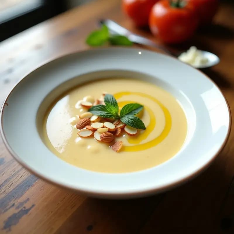 Cuenco de cerámica blanca con gazpacho de almendras blancas andaluz, decorado con almendras tostadas fileteadas y un hilo de aceite de oliva virgen extra, sobre fondo rústico de madera con hierbas frescas.