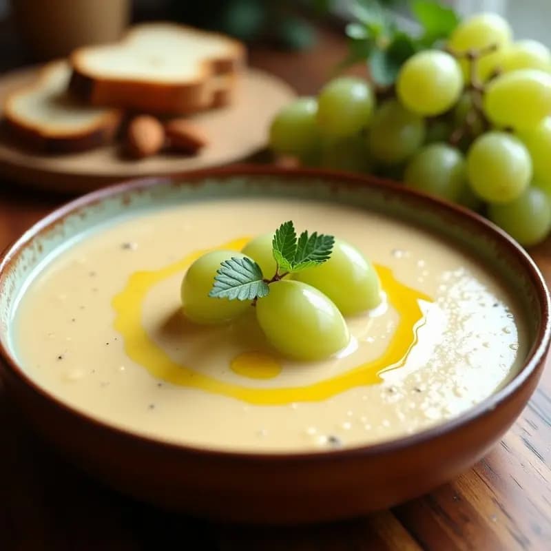 Cuenco de cerámica blanca con gazpacho de almendras y uvas, de color crema claro, decorado con uvas verdes troceadas y un hilo de aceite de oliva. Fondo con pan tostado y almendras enteras.