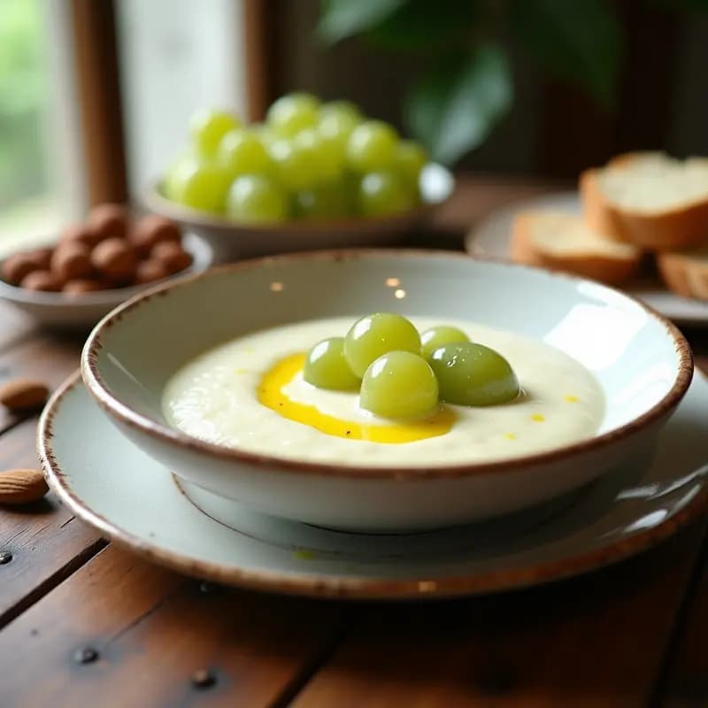Cuenco de barro blanco con gazpacho de ajo blanco cremoso, decorado con uvas blancas cortadas y un hilo de aceite de oliva virgen extra sobre fondo rústico de madera.