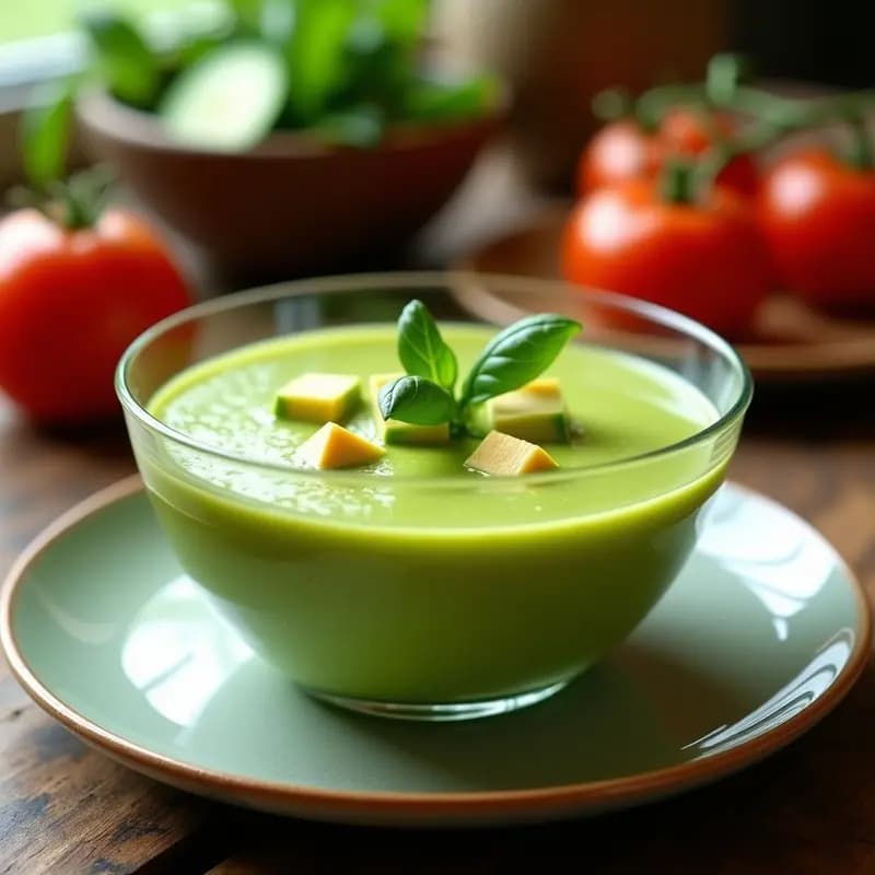 Cuenco de vidrio transparente con gazpacho andaluz keto de color verde intenso, decorado con trozos de aguacate y hojas de albahaca, sobre un fondo rústico de madera con tomates y pepinos al lado.