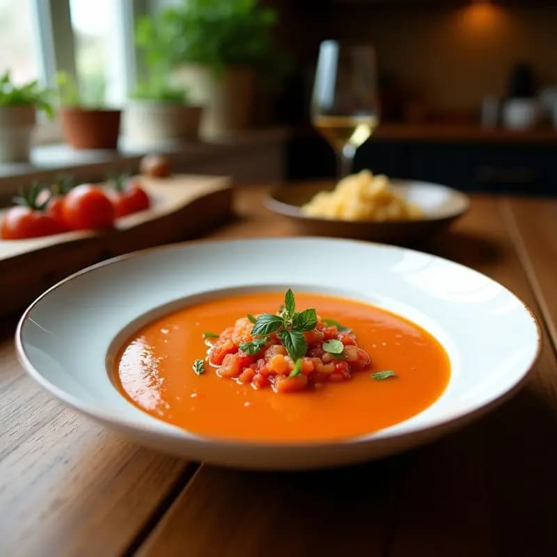 Cuenco de gazpacho andaluz frío con algas nori desmenuzadas y almendras laminadas, servido con hielo picado y rodajas de limón al lado.