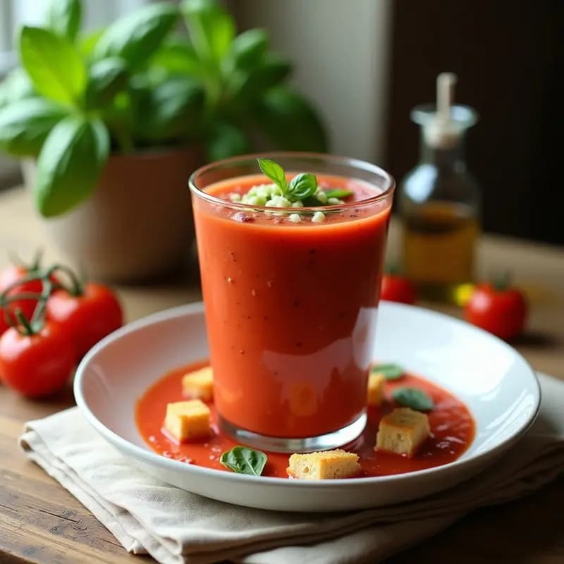 Vaso alto transparente con gazpacho andaluz cremoso, color rojo intenso, decorado con trozos de pepino, cebolla morada y pan tostado. Fondo rústico con telas de lino y hierbas frescas.
