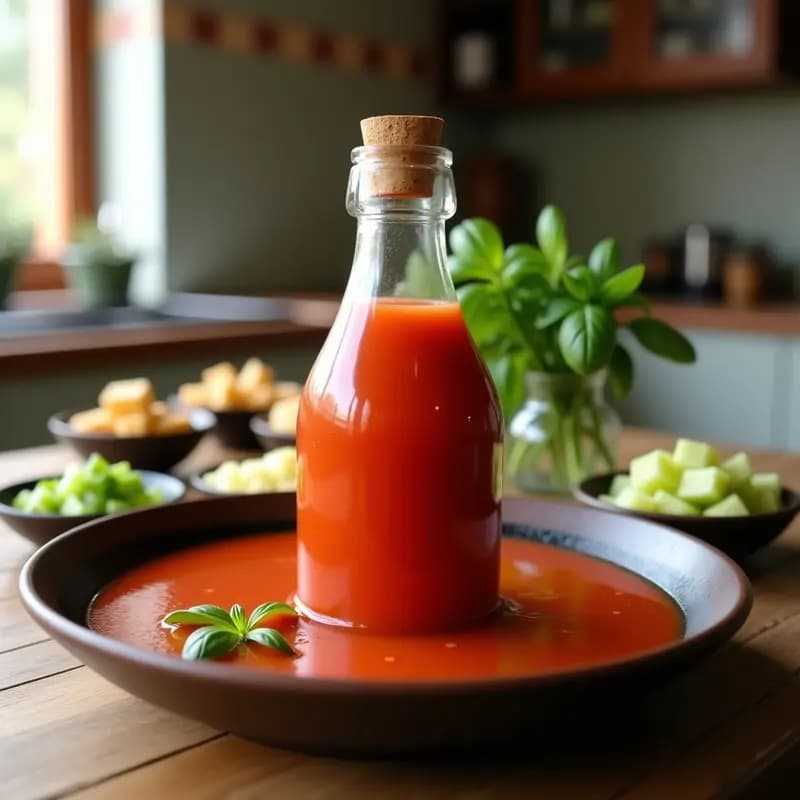 Botella de vidrio transparente llena de gazpacho andaluz fresco, con trozos de pepino, pimiento y croutons alrededor, sobre una mesa rústica de madera con fondo de cocina tradicional.