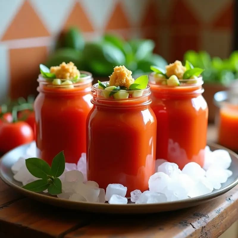 Tarros de cristal transparentes llenos de gazpacho andaluz embutido, con capas visibles de tomate, pimiento y pepino triturados, decorados con trocitos de pimiento verde y croutons. Plato fresco y veraniego.