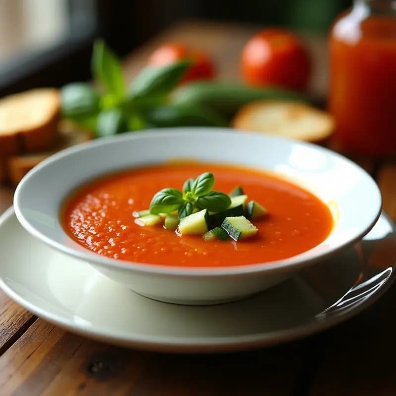 Cuenco de cerámica blanca con gazpacho andaluz fermentado, decorado con trozos de pepino, pimiento verde y un hilo de aceite de oliva virgen extra. Fondo rústico con pan tostado y hierbas frescas.