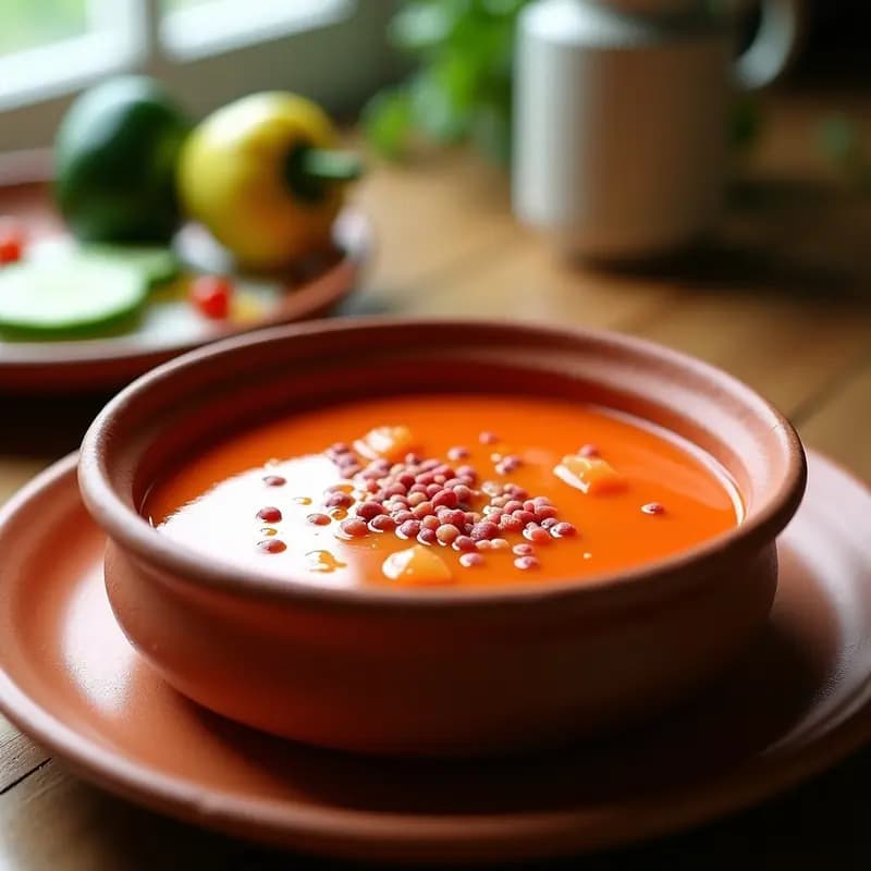 Cuenco de gazpacho andaluz helado con pimienta rosa, servido en recipiente de barro con hilo de aceite de oliva y granos de pimienta rosa como decoración.