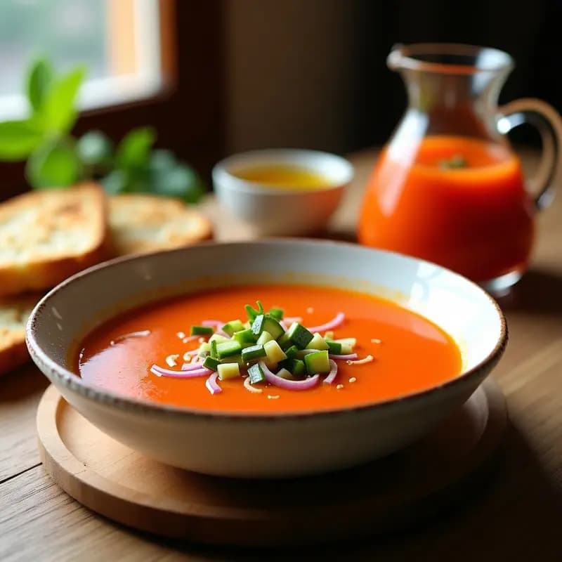 Jarra de cristal llena de gazpacho andaluz helado, de color rojo intenso, servido en cuencos blancos con trozos de pepino, pimiento y cebolla morada como decoración. Fondo borroso de mesa rústica con pan de telera y aceite de oliva.